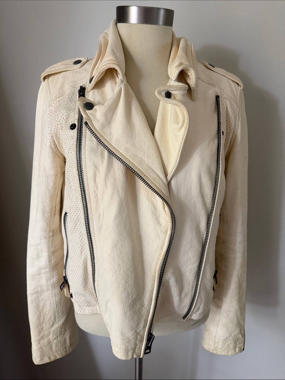 Vintage Converse Cream Perforated Asymmetrical Leather Moto Jacket